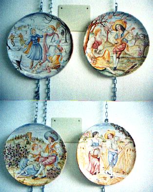 Ceramiche d-Arte di Albisola - Collezione 4 piatti in maiolica, dipinti con 
varie scene ispirate alle 4 stagioni